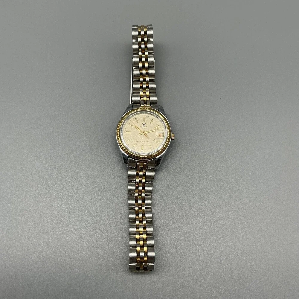 Vintage Timex Aqua Womens Watch 25mm Two Tone Date Fluted New Battery 6.75